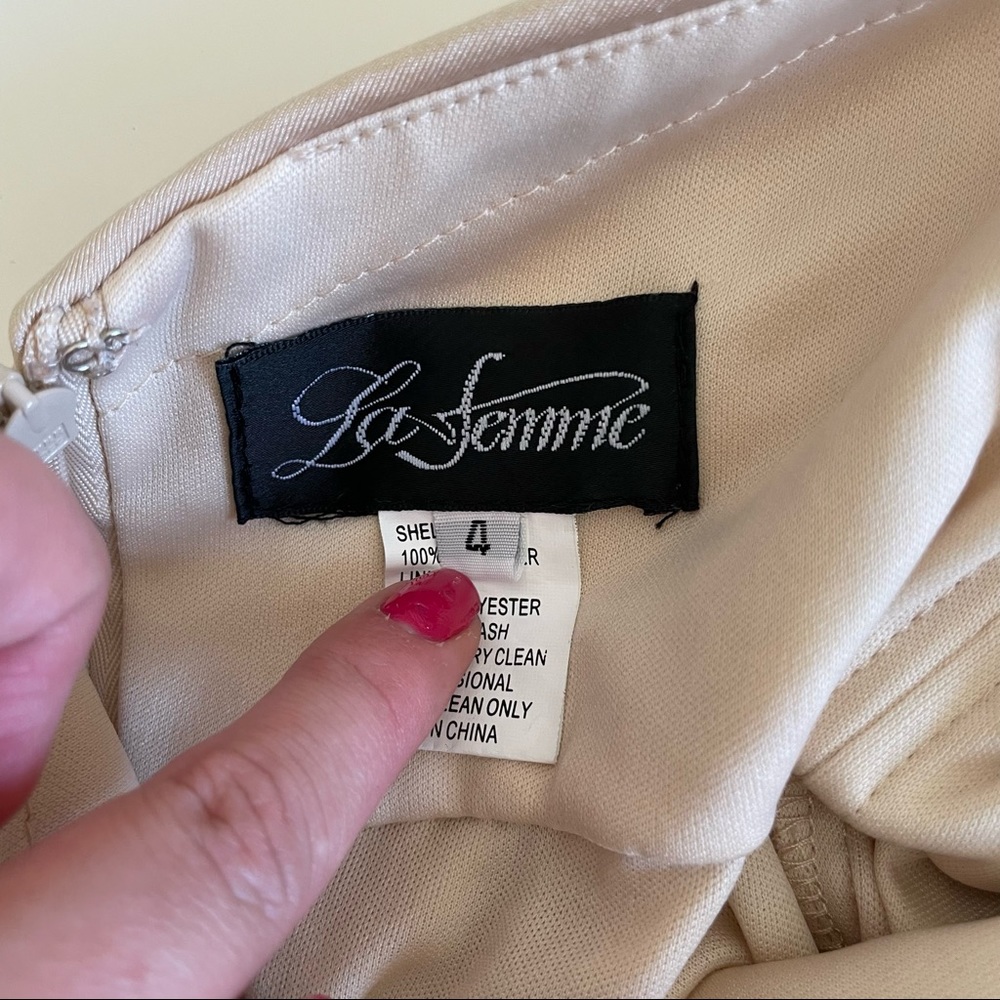 La Femme Cross Back Satin Jersey Trumpet Strappy Back Maxi Dress 4 Nude Beige - Picture 10 of 12